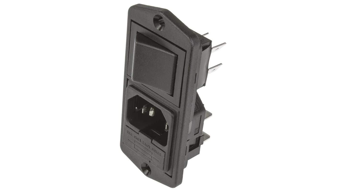 Conector IEC C14 macho Bulgin, Montaje en Panel, 250 V, 10A, con 1 fusible de 5 x 20mm, con interruptor de 2 polos