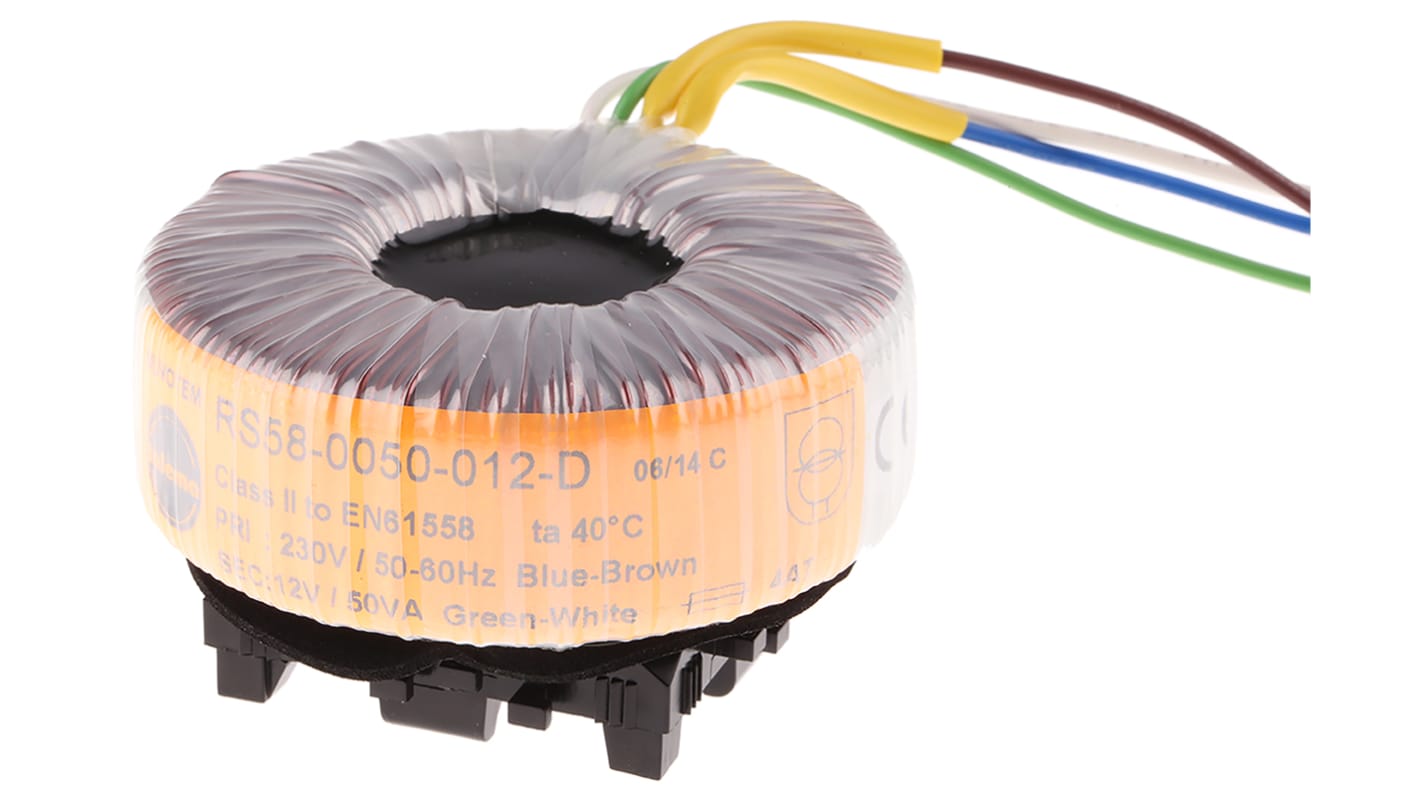 Transformador toroidal Nuvotem Talema, 58-0050-012-D, Tensión 12V ac, Potencia 50VA, 1 salida, Carril DIN