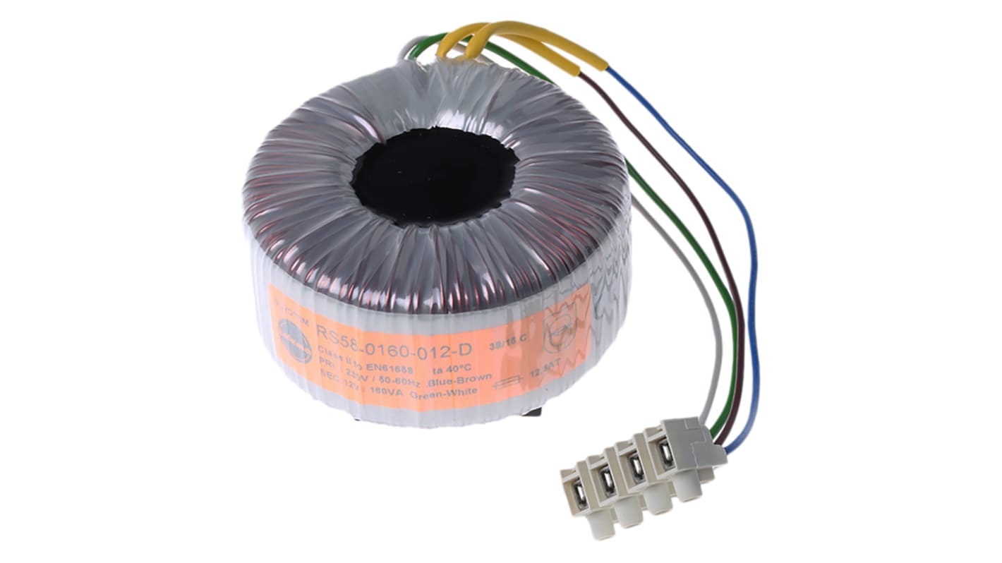 Transformador toroidal Nuvotem Talema, 58-0160-012-D, Tensión 12V ac, Potencia 160VA, 1 salida, Carril DIN