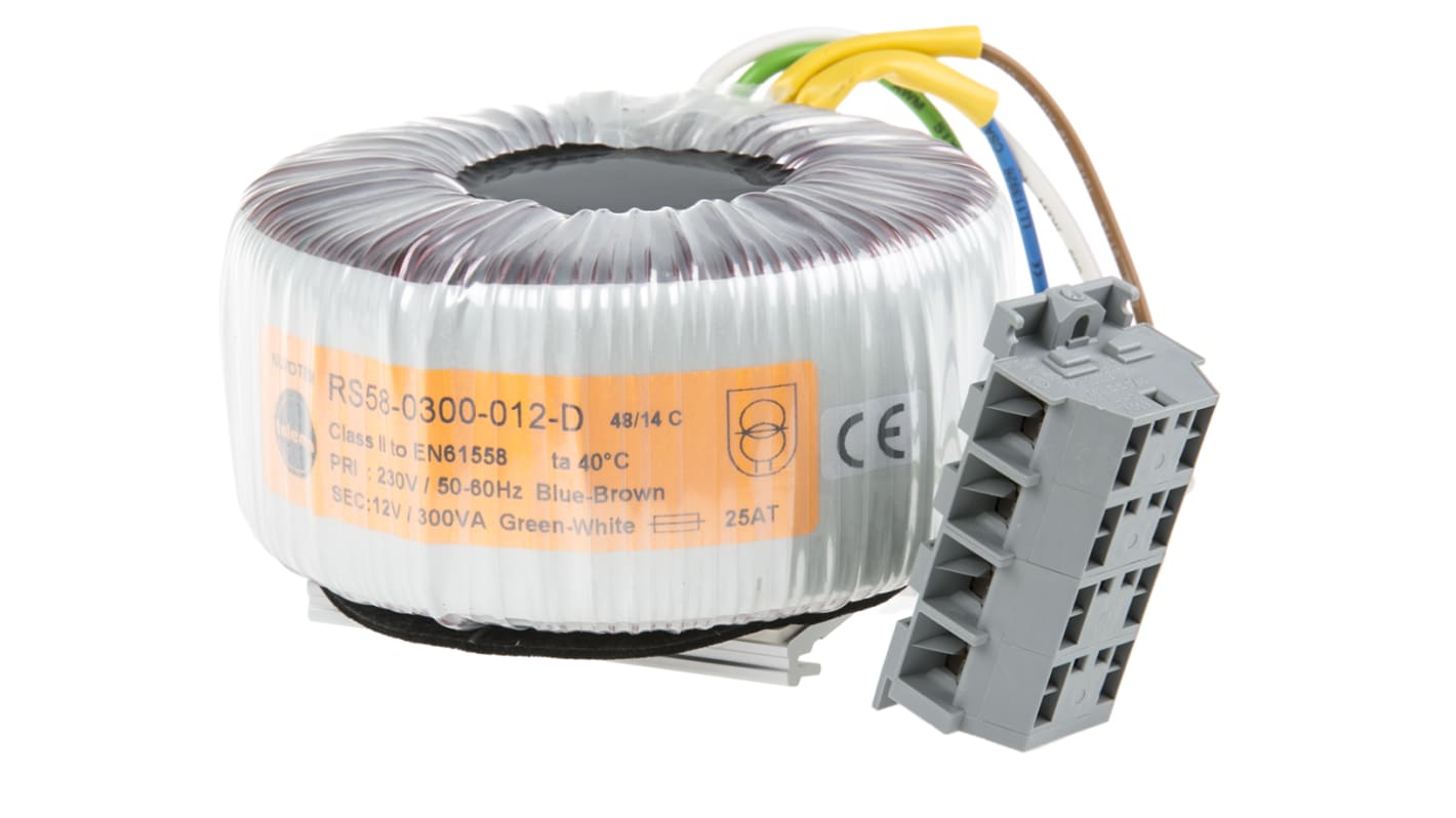 Transformador toroidal Nuvotem Talema, 58-0300-012-D, Tensión 12V ac, Potencia 300VA, 1 salida, Carril DIN