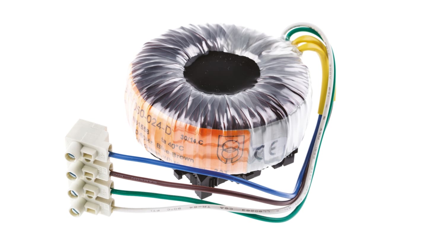 Transformador toroidal Nuvotem Talema, 58-0050-024-D, Tensión 24V ac, Potencia 50VA, 1 salida, Carril DIN