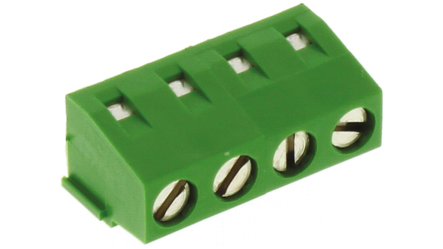 Borne para PCB TE Connectivity de 4 vías , paso 5mm, 13.5A, de color Verde, montaje Montaje en orificio pasante,