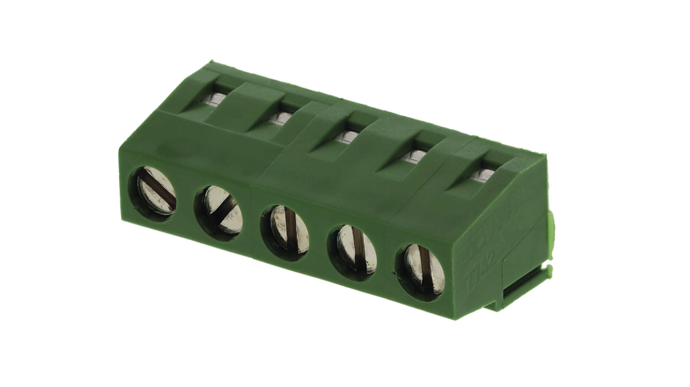 Borne para PCB TE Connectivity de 5 vías , paso 5mm, 13.5A, de color Verde, montaje Montaje en orificio pasante,