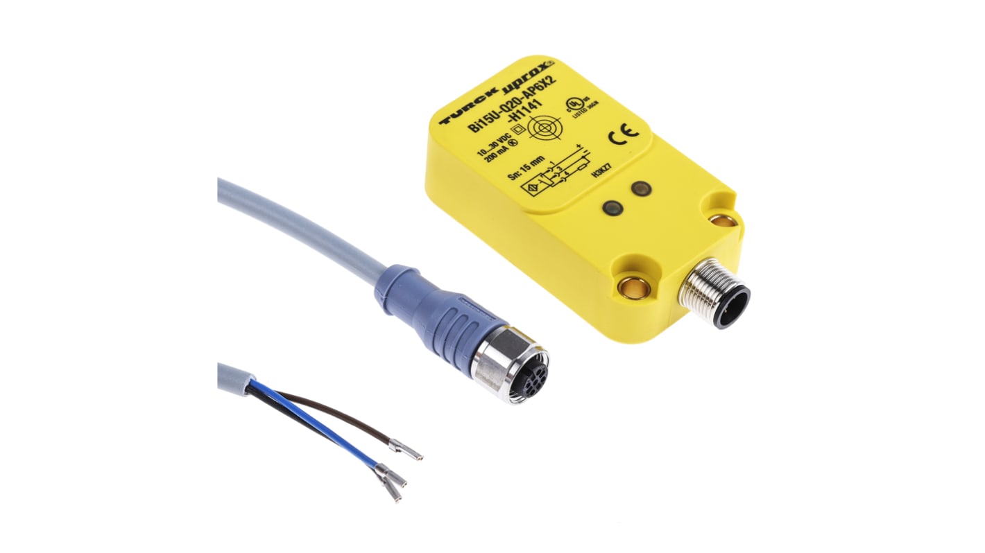 Turck Bi15U Series Inductive Block-Style Proximity Sensor, M12 x 1, 15 mm Detection, PNP Output, 10 → 30 V dc,