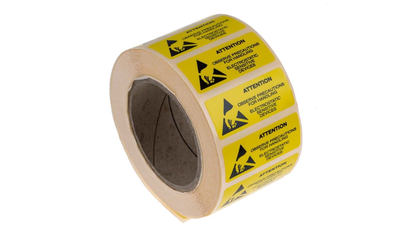 RS PRO Yellow Paper ESD Label, Attention-Text 38 mm x 16mm