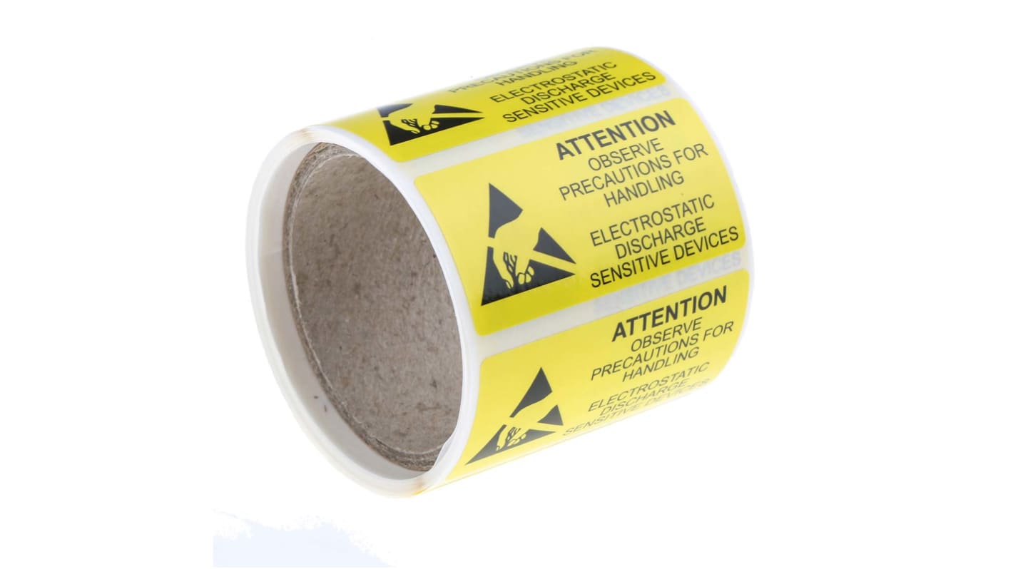 RS PRO Yellow Vinyl ESD Label, Attention-Text 50 mm x 25mm