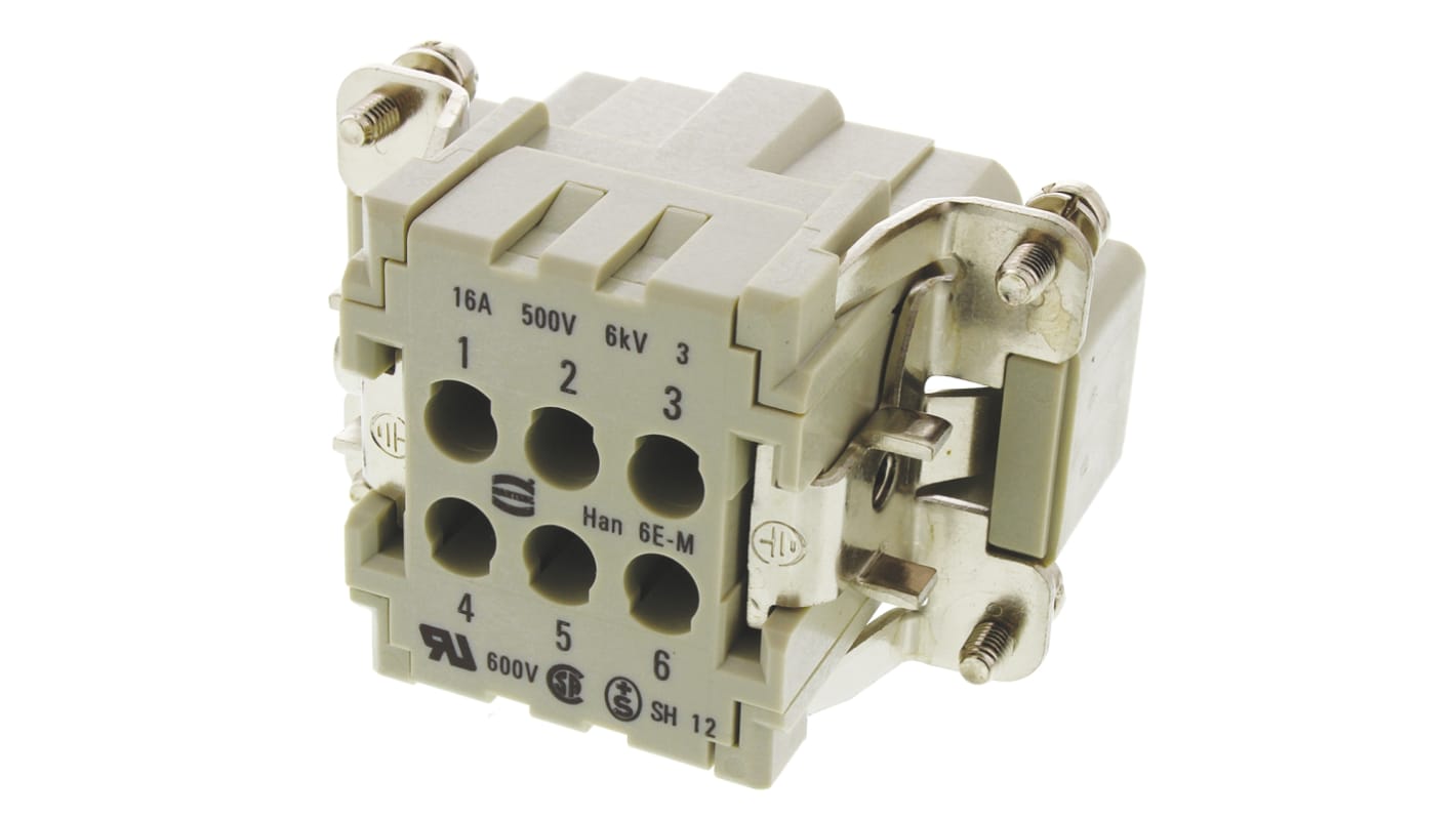 Han E Series size 16 A Connector Insert, Male, 6 Way, 16A, 500 V