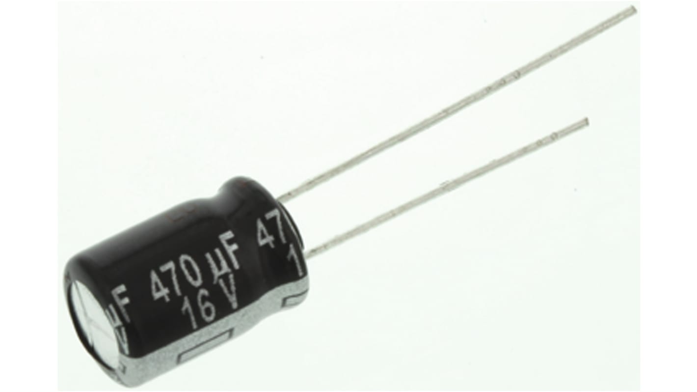 Condensador electrolítico Panasonic serie NHG, 470μF, ±20%, 16V dc, Radial, Orificio pasante, 8 (Dia.) x 11.5mm, paso