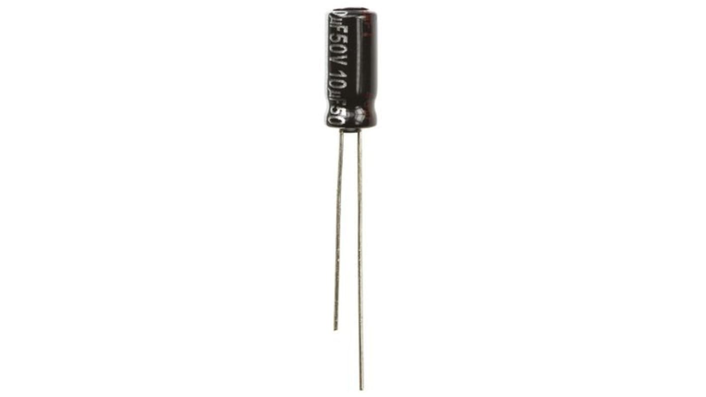 Condensador electrolítico Panasonic serie NHG, 10μF, ±20%, 50V dc, Radial, Orificio pasante, 5 (Dia.) x 11mm, paso 2mm