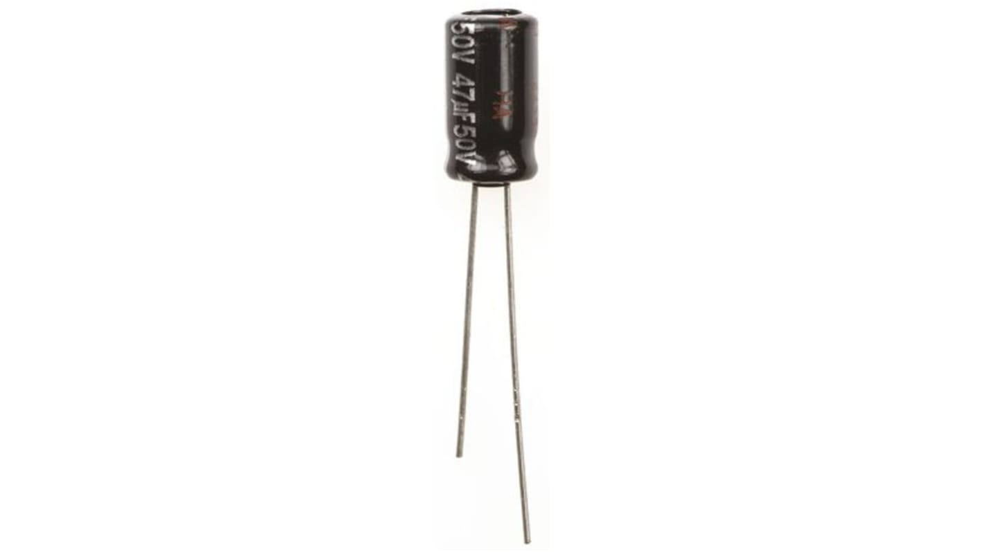 Condensador electrolítico Panasonic serie NHG, 47μF, ±20%, 50V dc, Radial, Orificio pasante, 6.3 (Dia.) x 11.2mm, paso