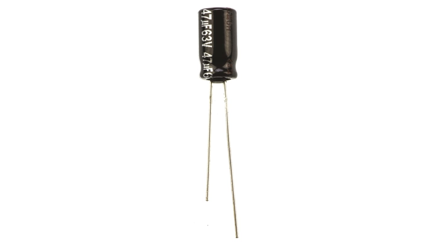 Condensador electrolítico Panasonic serie NHG, 47μF, ±20%, 63V dc, Radial, Orificio pasante, 6.3 (Dia.) x 11.2mm, paso