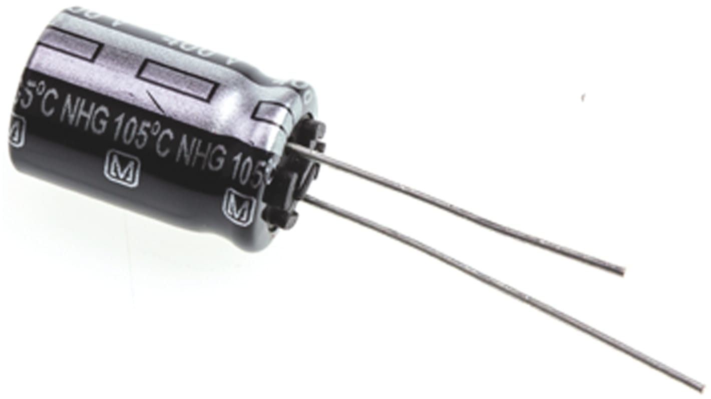 Condensador electrolítico Panasonic serie NHG, 4.7μF, ±20%, 400V dc, Radial, Orificio pasante, 10 (Dia.) x 16mm, paso