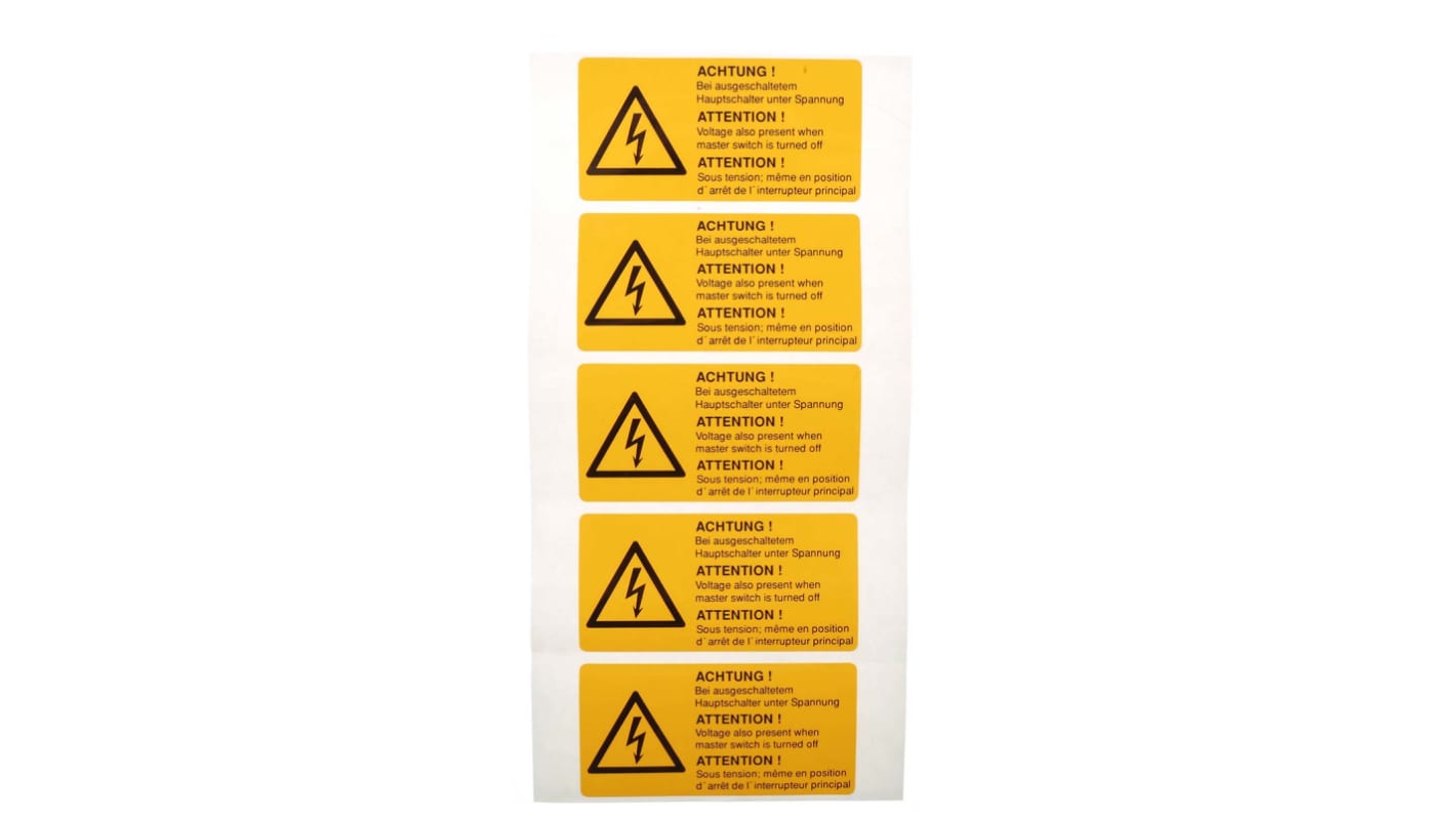 Bezpečnostní štítky, Žlutá, PVC, text: ACHTUNG! Bei ausgeschaltetem Hauptschalter unter Spannung; ATTENTION! Voltage