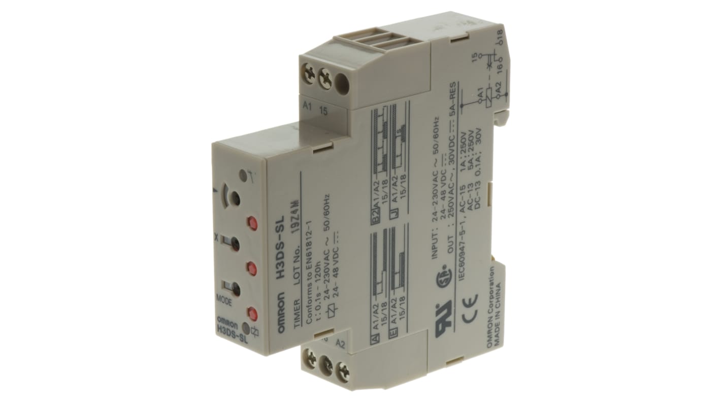 Relais temporisé Omron H3DS, 24 → 230 V ac, 24 → 48V c.c., Rail DIN, 1 contact