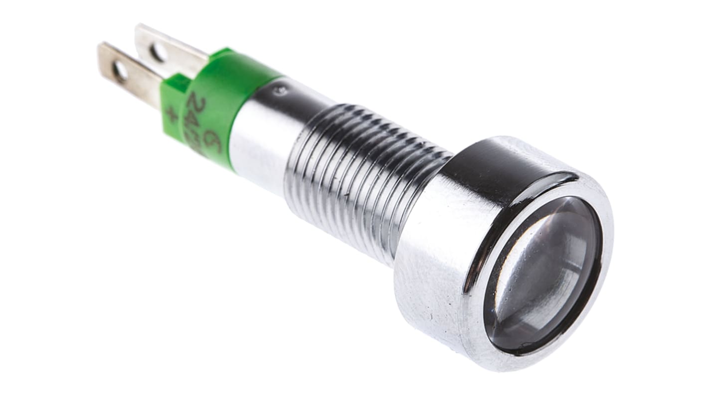 Indicador LED Signal Construct, Verde, lente enrasada, marco Cromo, Ø montaje 8mm, 24 → 28V, 10mA, 200mcd