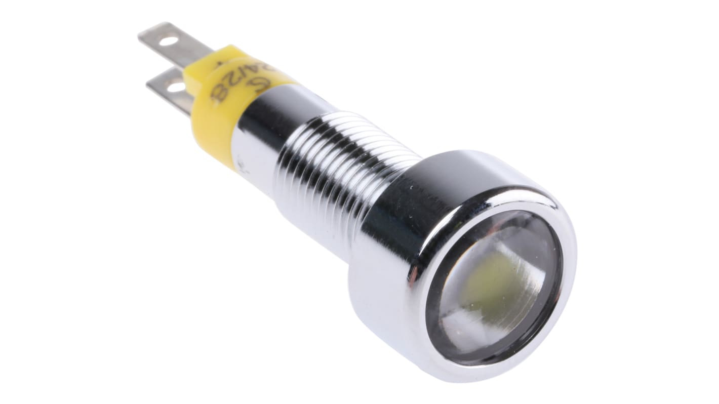 Indicador LED Signal Construct, Amarillo, lente enrasada, marco Cromo, Ø montaje 8mm, 24 → 28V, 10mA, 300mcd