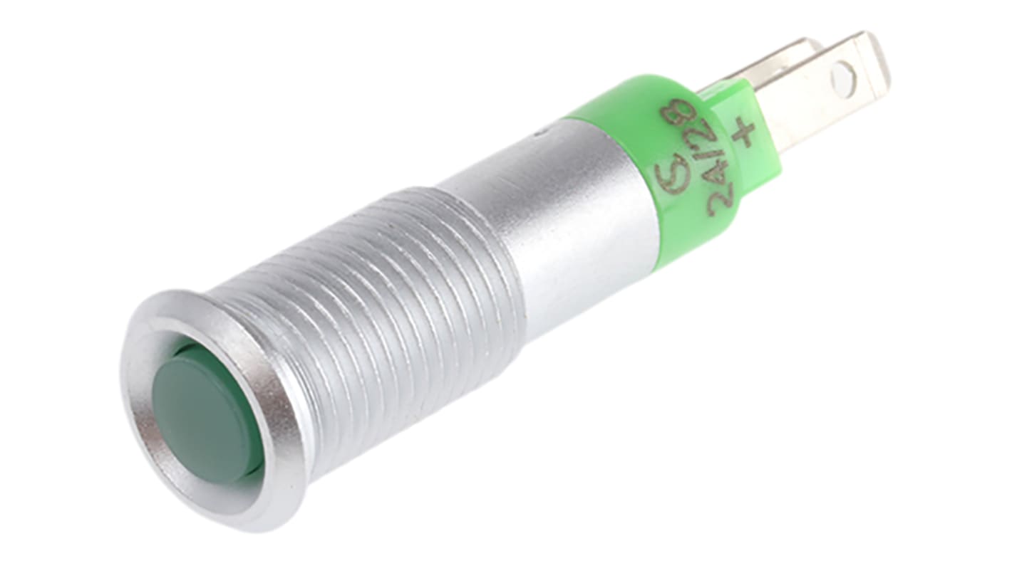 Signal Construct Green Indicator, 24V, 8mm Mounting Hole Size, Solder Tab Termination