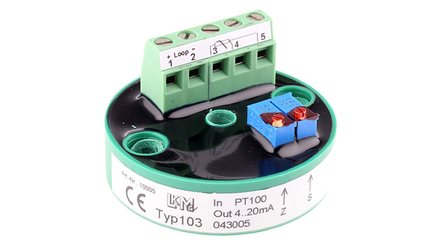 Transmisor de temperatura LKMelectronic serie LKM 103, rango temp: -30°C → +70°C, para PT100, 24 V