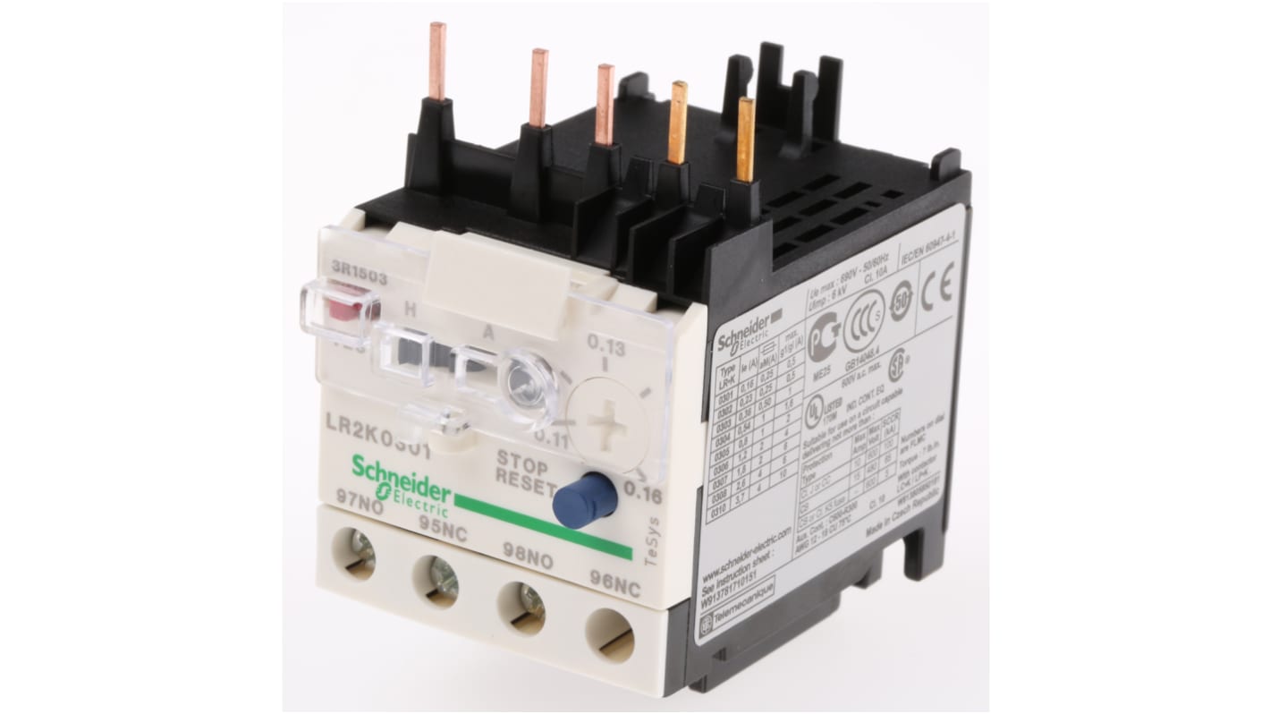 Schneider Electric LR2K Thermal Overload Relay 1NO + 1NC, 0.11 → 0.16 A F.L.C, 160 mA Contact Rating, 100 W, 250