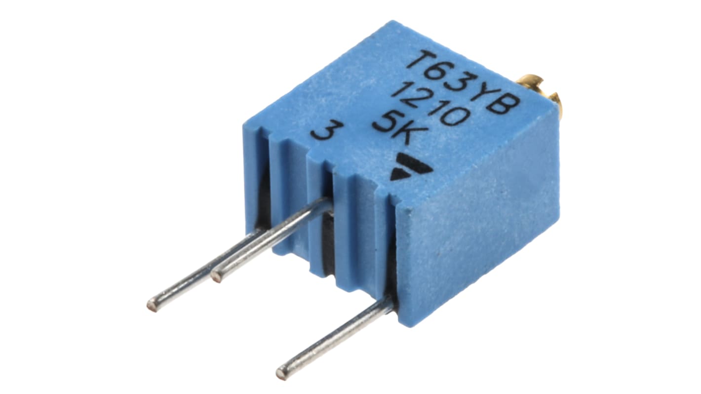 Potenciómetro para PCB Vishay serie T63, 5kΩ máximo, ±10%, ±100ppm/°C, 0.25W, vueltas: 14, Montaje en orificio pasante
