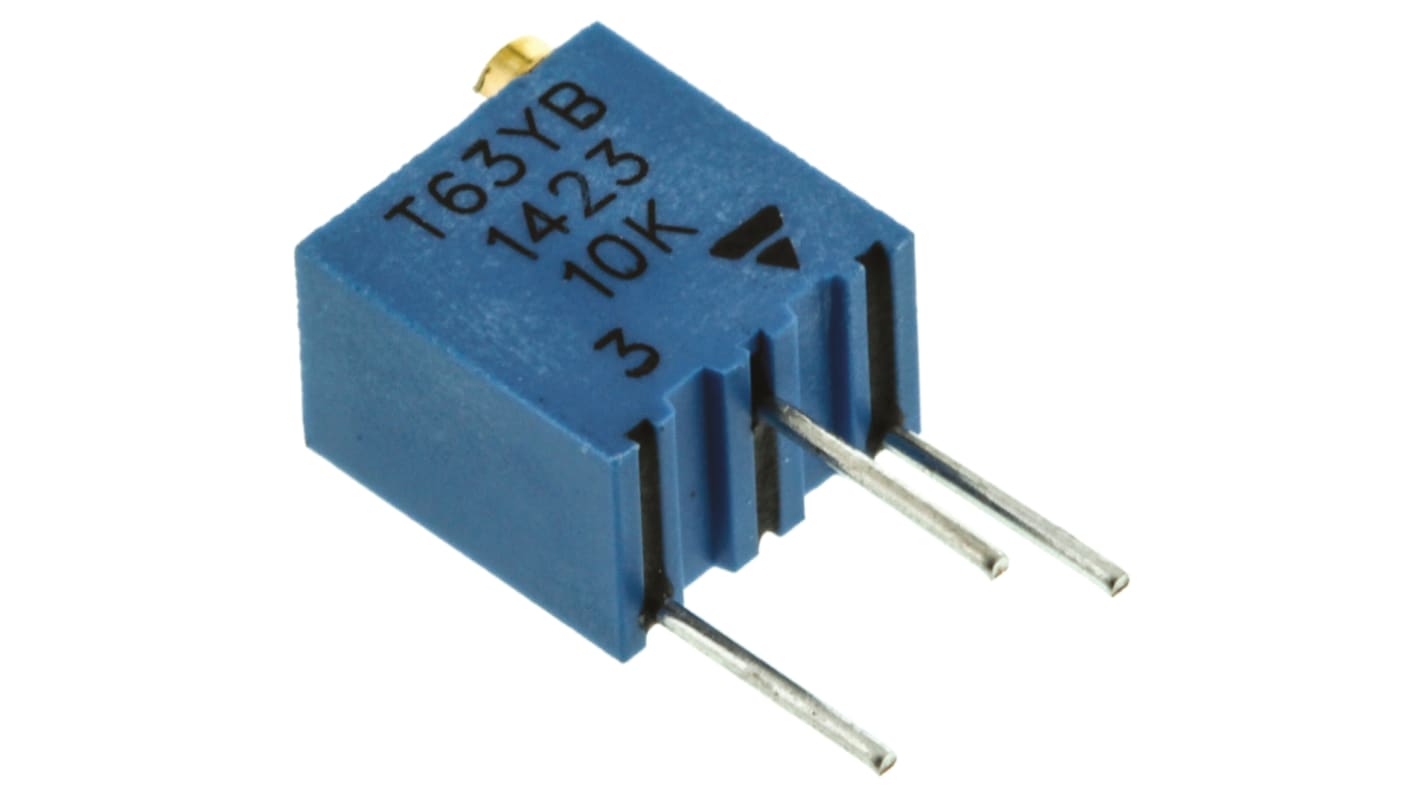 Potenciómetro para PCB Vishay serie T63, 10kΩ máximo, ±10%, ±100ppm/°C, 0.25W, vueltas: 14, Montaje en orificio pasante