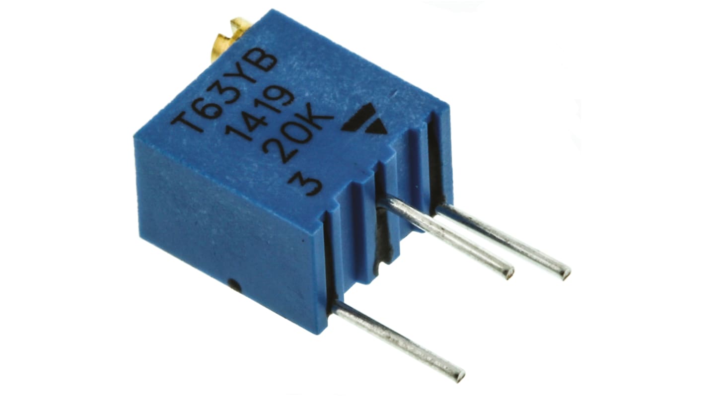 Potenciómetro para PCB Vishay serie T63, 20kΩ máximo, ±10%, ±100ppm/°C, 0.25W, vueltas: 14, Montaje en orificio pasante
