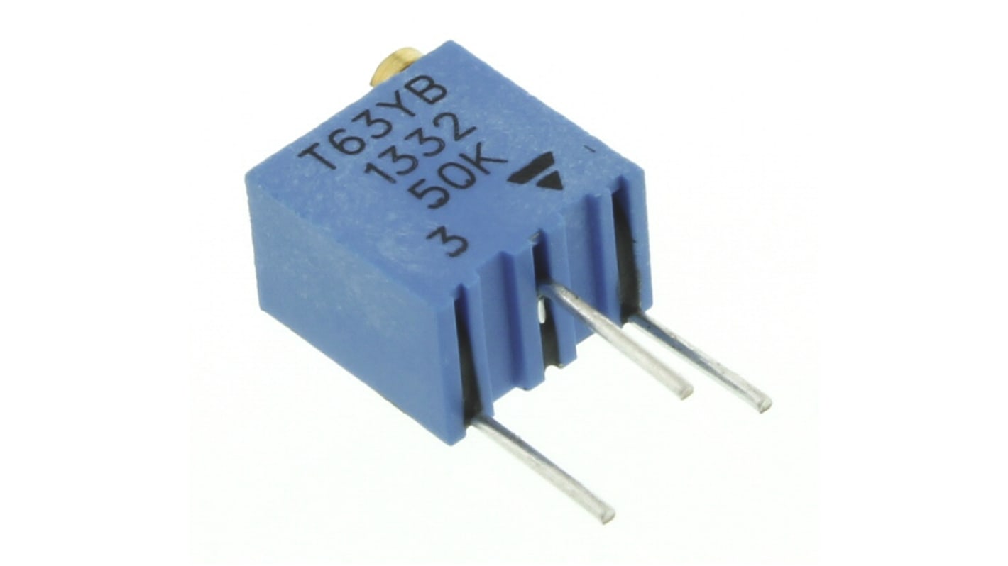 Potenciómetro para PCB Vishay serie T63, 50kΩ máximo, ±10%, ±100ppm/°C, 0.25W, vueltas: 14, Montaje en orificio pasante