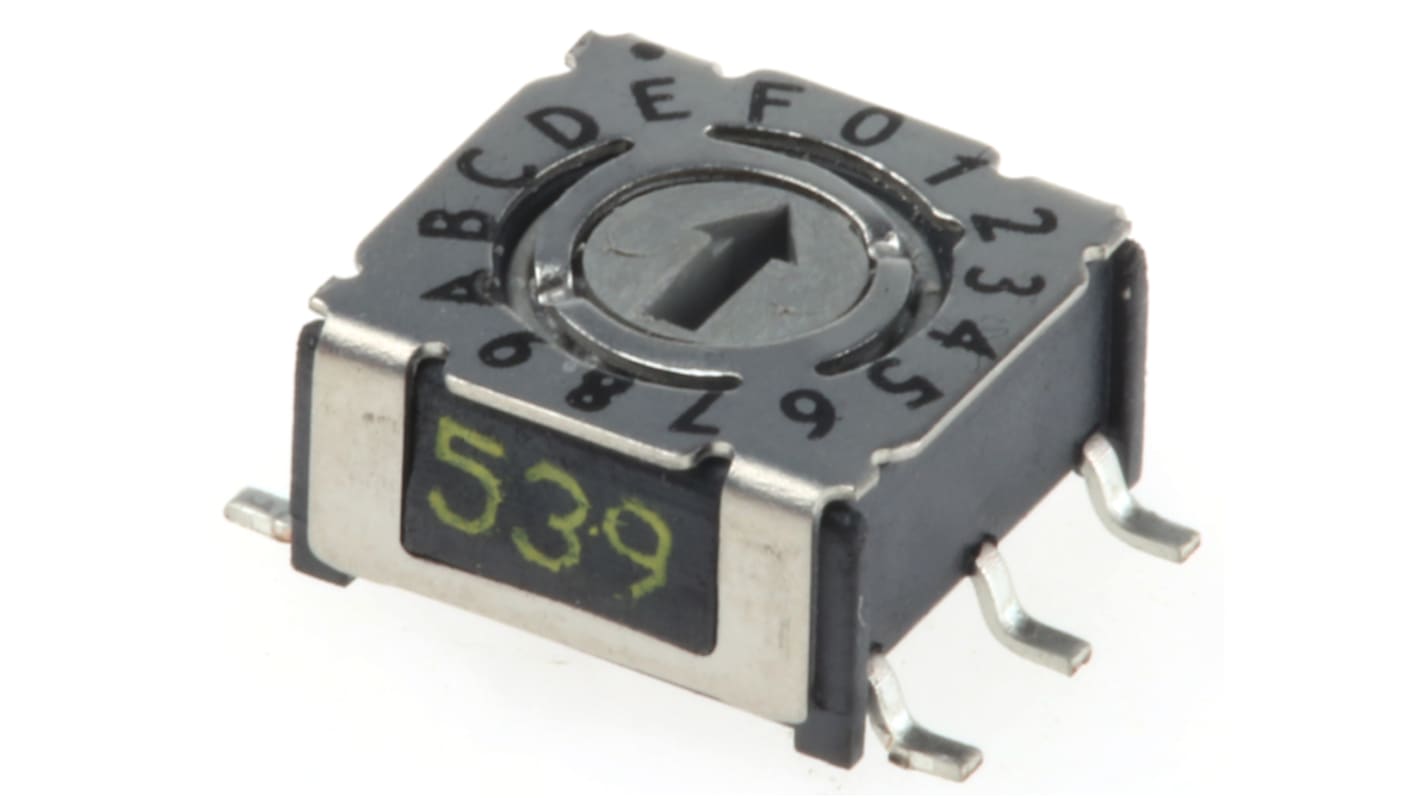 DIP switch, , SMD, Drejeaktuator plan 100 mA ved 24 V dc, 16-vejs, -30 → +90°C