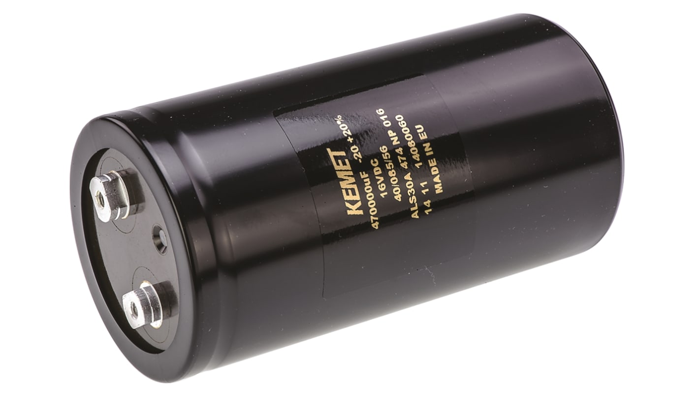 Condensador electrolítico KEMET serie ALS30, 0.47F, ±20%, 16V dc, mont. roscado, 77 (Dia.) x 146mm