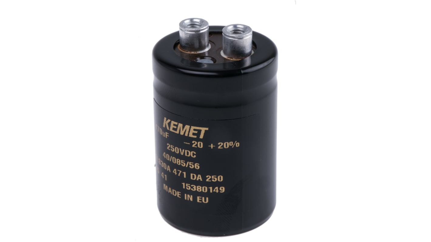 Condensador electrolítico KEMET serie ALS30, 470μF, ±20%, 250V dc, mont. roscado, 36 (Dia.) x 52mm