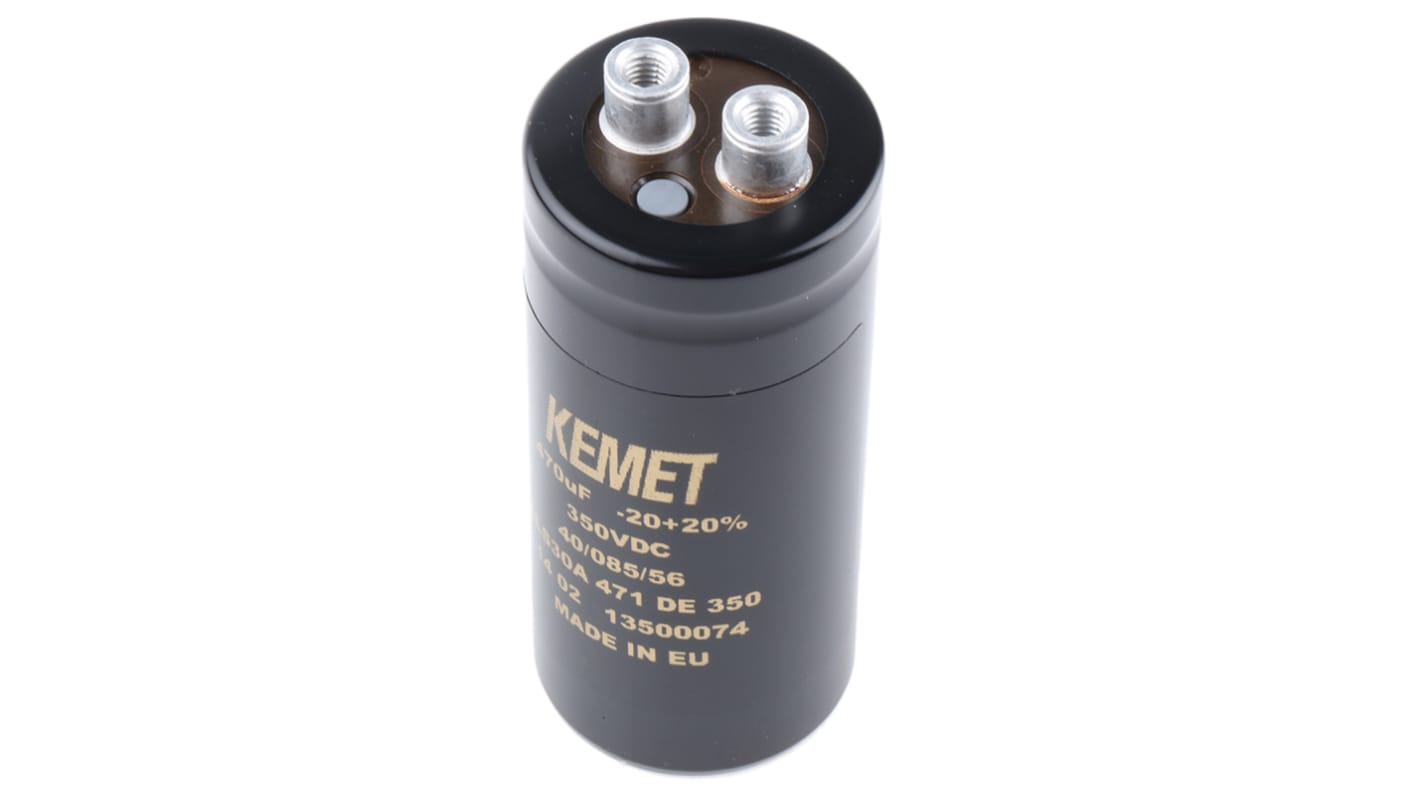 KEMET ALS30, Schraub Aluminium-Elektrolyt Kondensator 470μF ±20% / 350V dc, Ø 36mm x 82mm x 82mm, +85°C