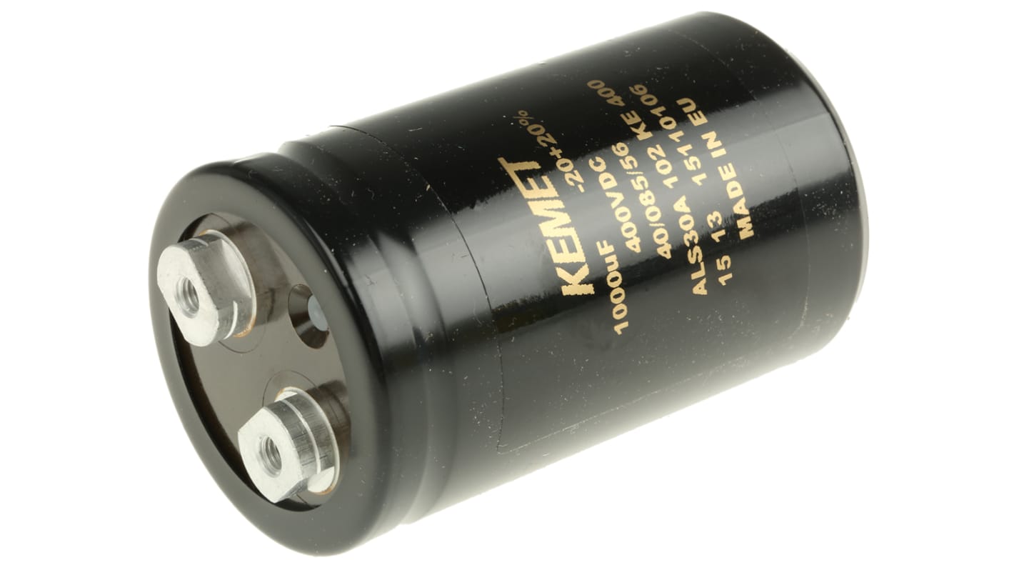 Kondenzátor, řada: ALS30 1000μF ±20% 139mΩ 400V dc, Šroubová svorka Hliníkové elektrolytické KEMET