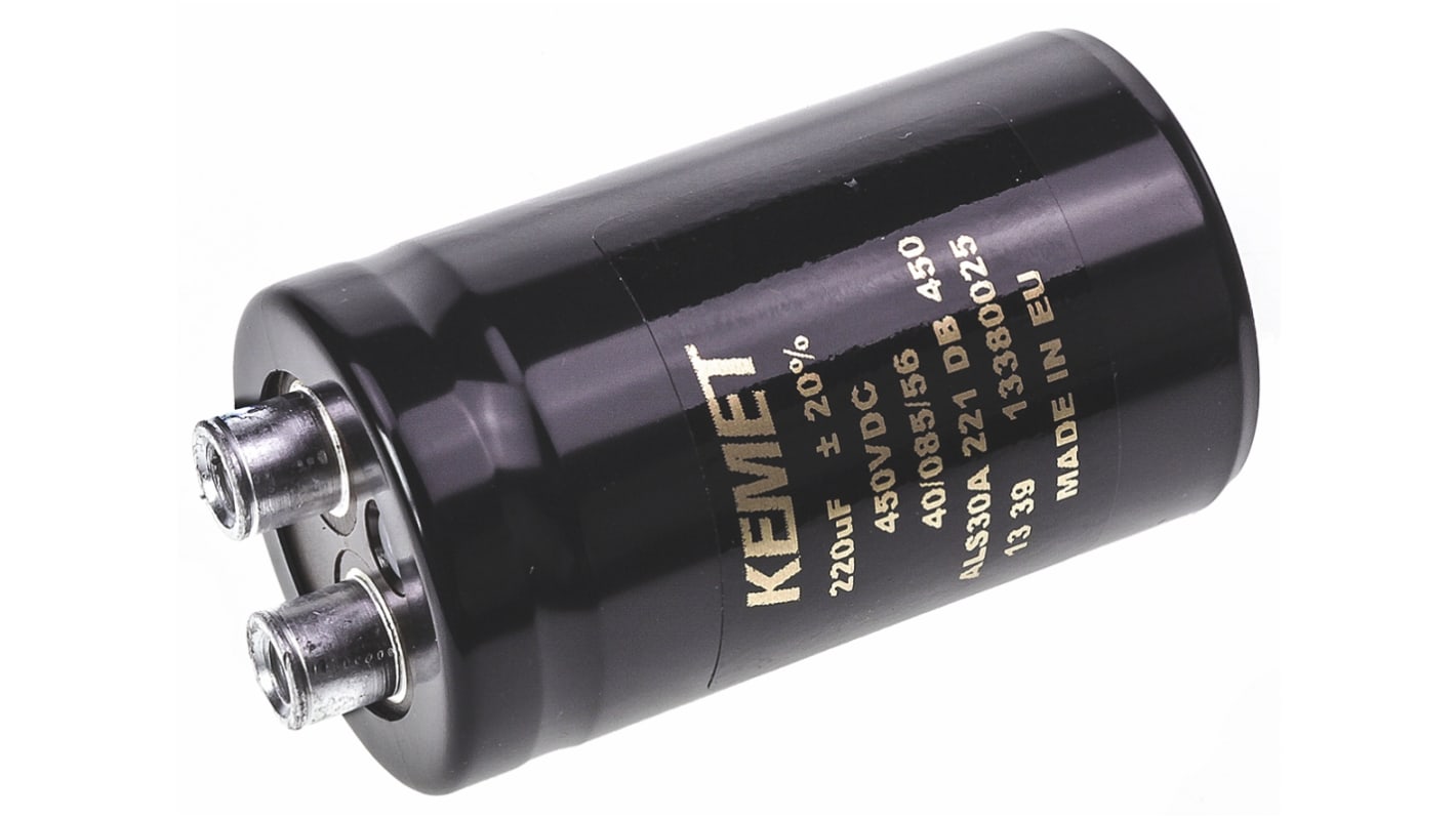 KEMET ALS30, Schraub Aluminium-Elektrolyt Kondensator 220μF ±20% / 450V dc, Ø 36mm x 62mm x 62mm, +85°C