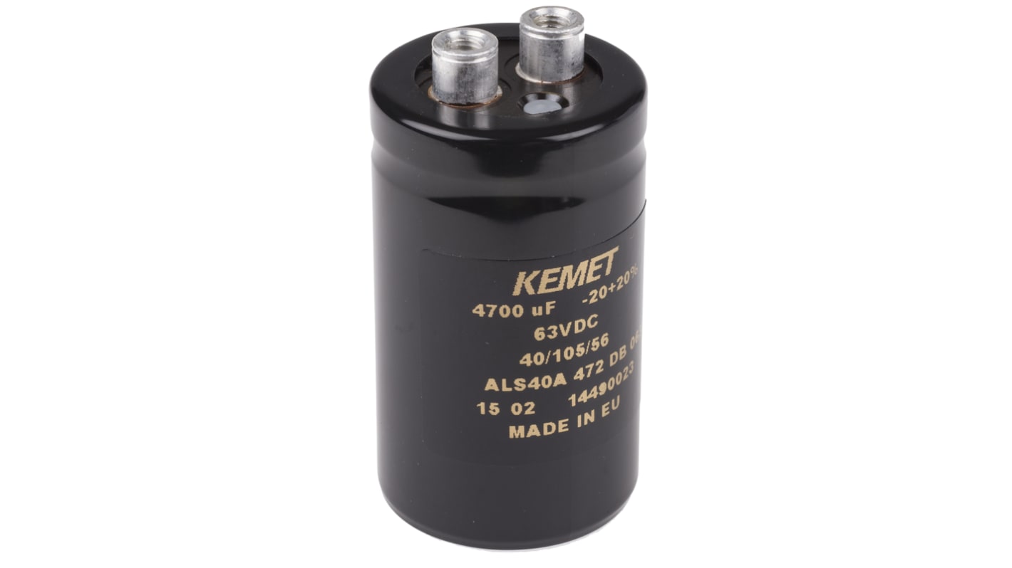 KEMET ALS40, Schraub Aluminium-Elektrolyt Kondensator 4700μF ±20% / 63V dc, Ø 36mm x 62mm x 62mm, bis 105°C
