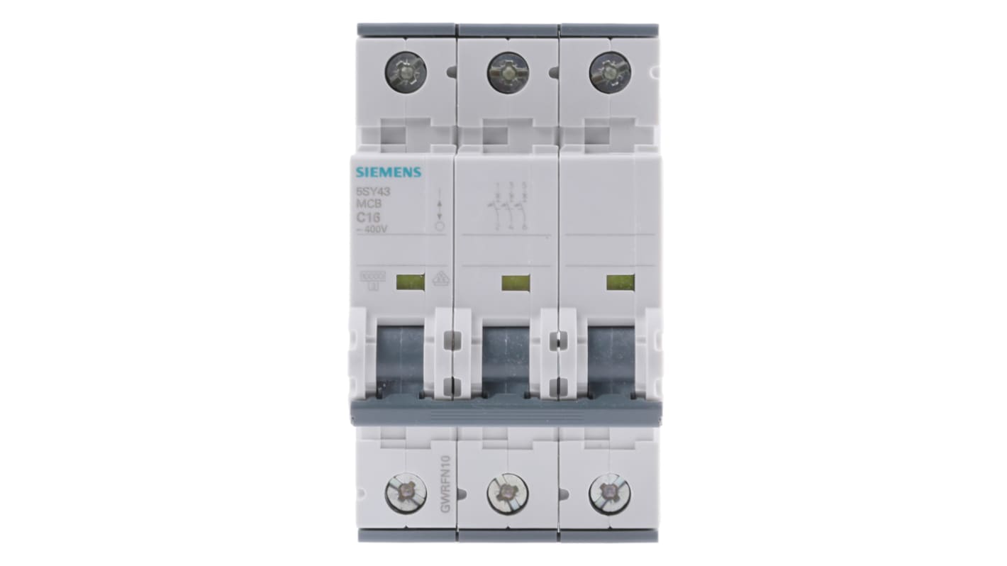 Siemens Sentron 5SY4 MCB, 3P, 16A Curve C, 400V AC, 10 kA Breaking Capacity