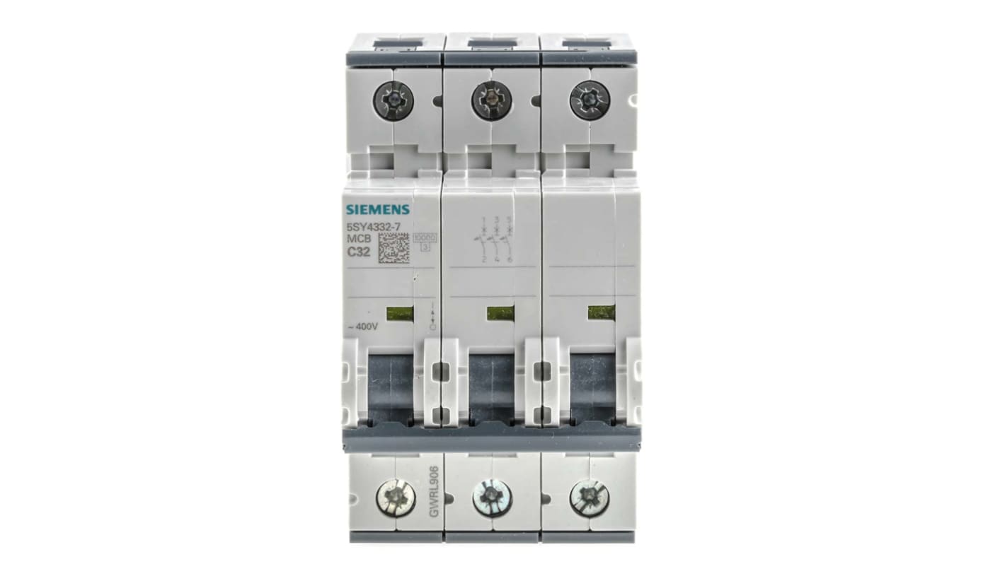 Siemens 5SY4 MCB Leitungsschutzschalter Typ C, 3-polig 32A 400V, Abschaltvermögen 10 kA Sentron DIN-Schienen-Montage