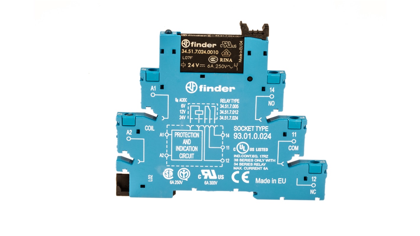 Relé modular Finder 38 Series, SPDT, 24V ac/dc, para carril DIN