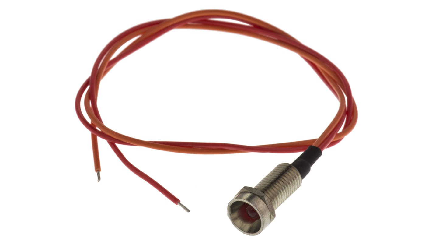 Indicador LED Tranilamp, Rojo, lente rebajada, marco Cromo, Ø montaje 6.4mm, 24V dc, 20mA