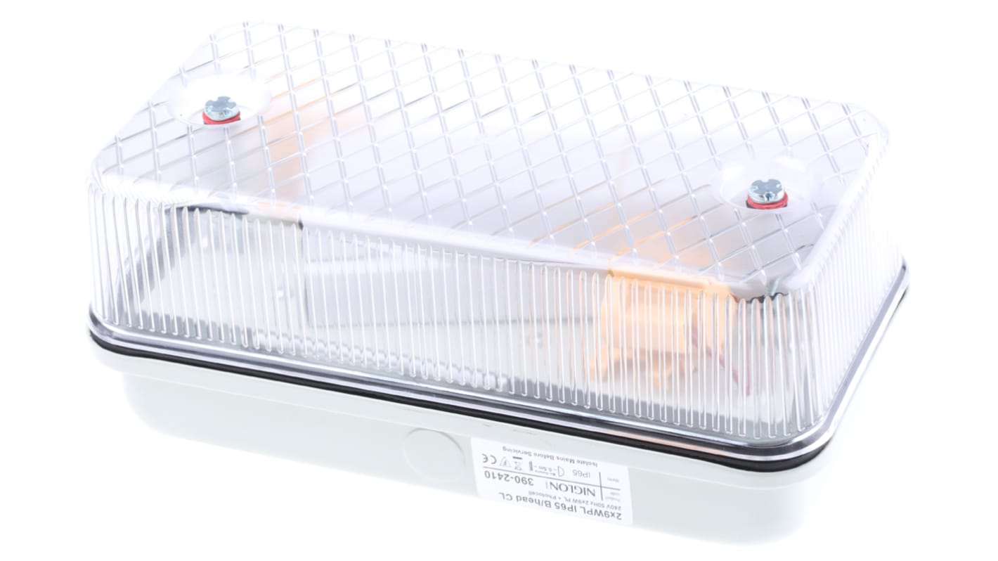 RS PRO Rectangular Fluorescent Bulkhead Light, 9 W, 230 V ac, Lamp Supplied, IP64