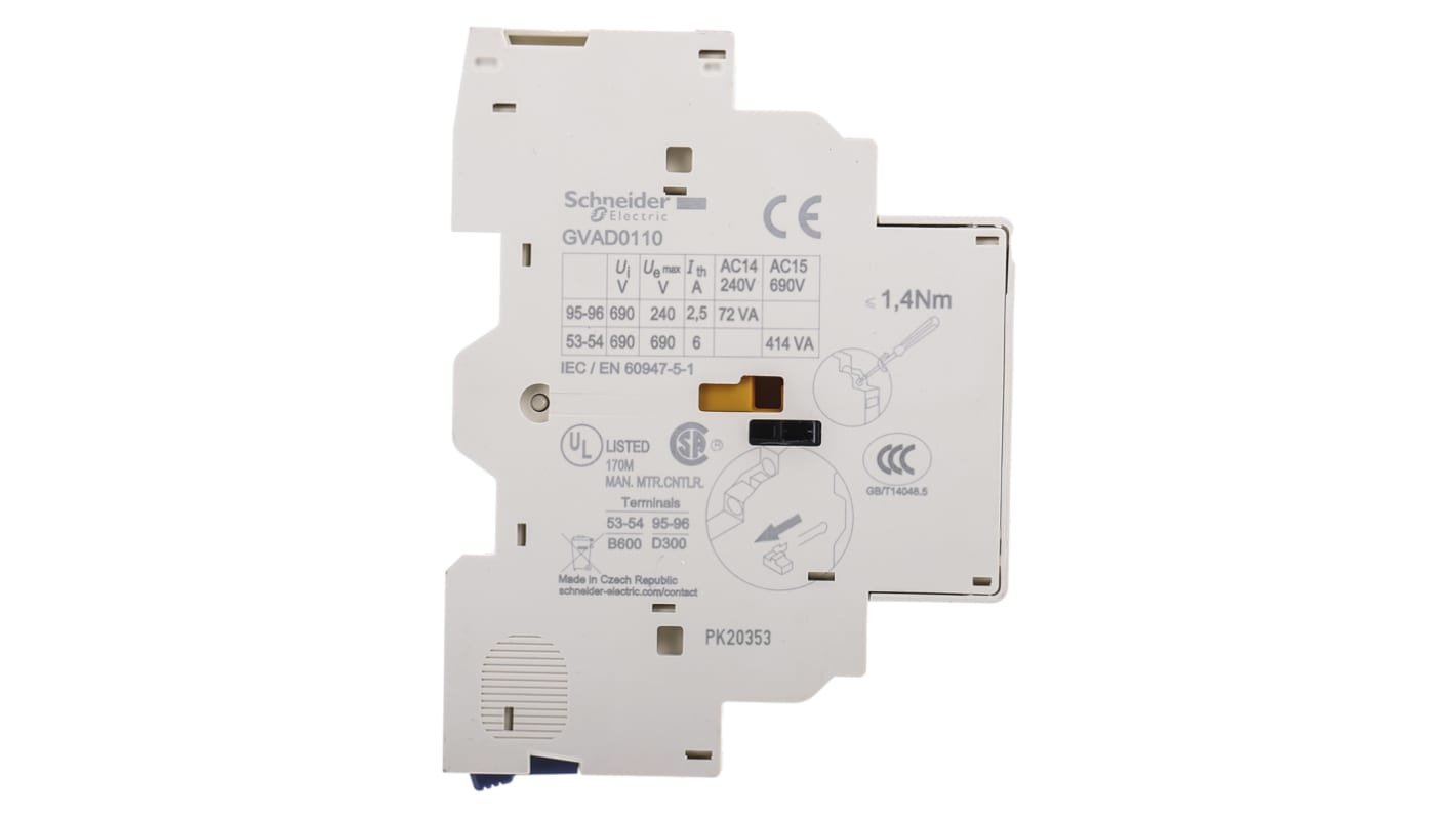 Contacto auxiliar Schneider Electric GVAD, montaje: lateral, terminal: roscado, 1NC + 1NA, 240 Vdc, 690 Vac