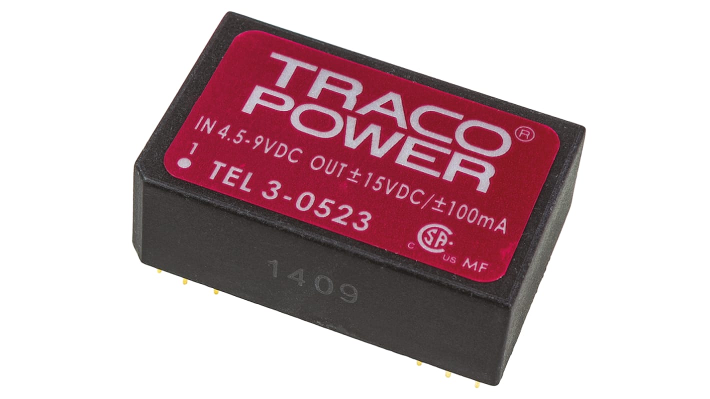 Convertisseur DC-DC TRACOPOWER, TEL 3, Montage traversant, 3W, 2 sorties, ±15V c.c., ±100mA