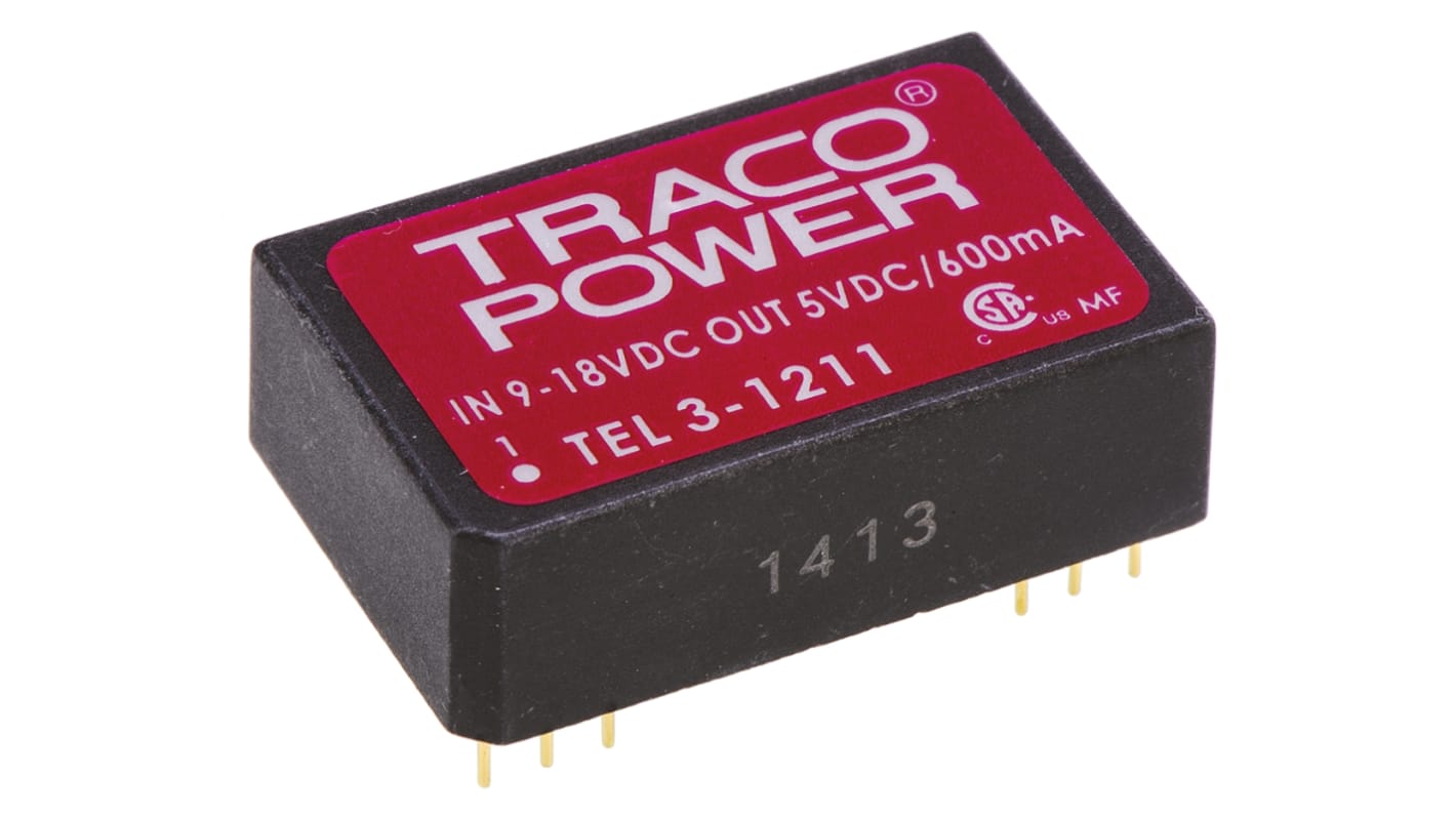 TRACOPOWER TEL 3 DC/DC-Wandler 3W 12 V dc IN, 5V dc OUT / 600mA Durchsteckmontage 1.5kV dc isoliert