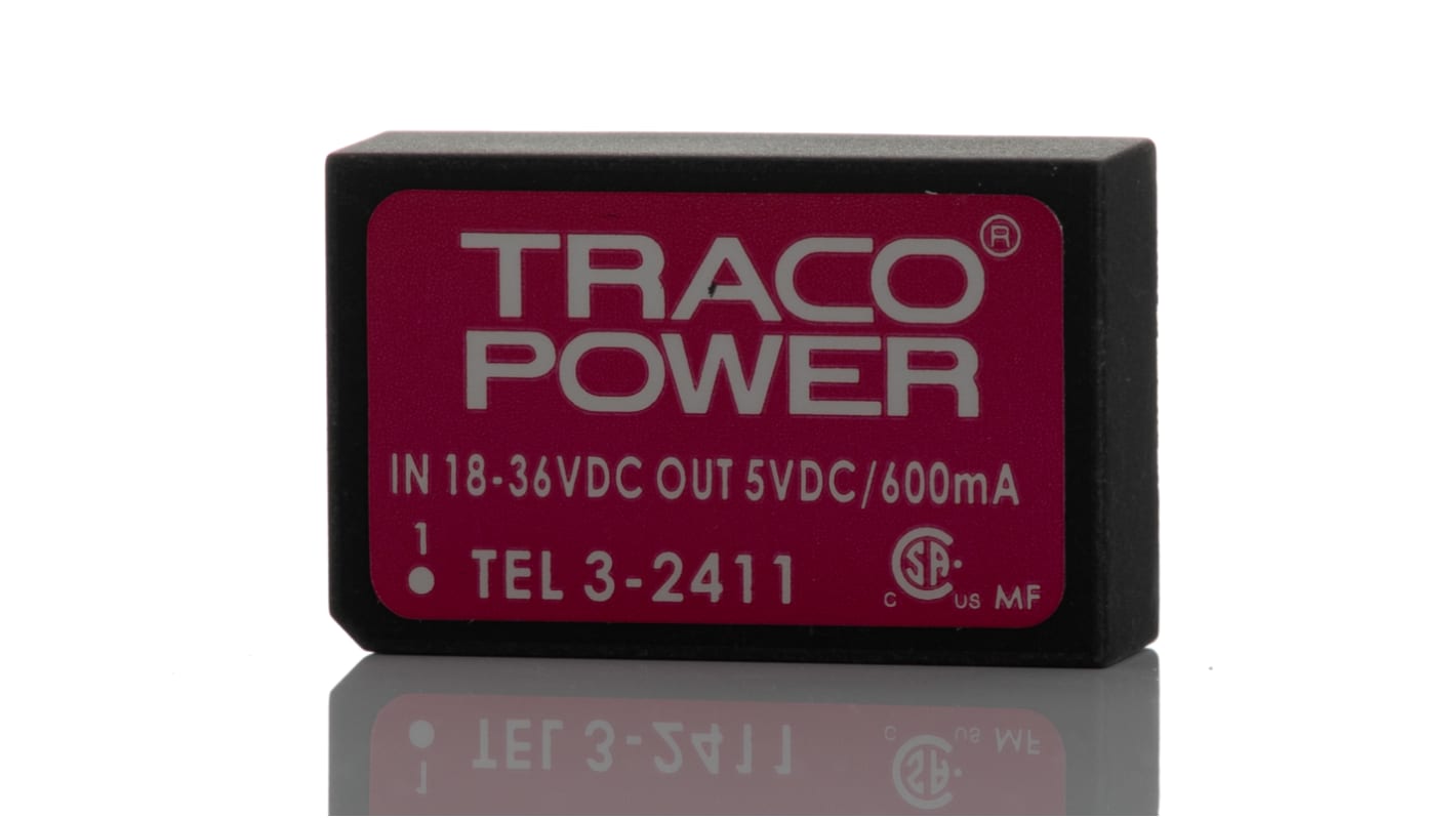 TRACOPOWER TEL 3 DC-DC Converter, 5V dc/ 600mA Output, 18 → 36 V dc Input, 3W, Through Hole, +85°C Max Temp