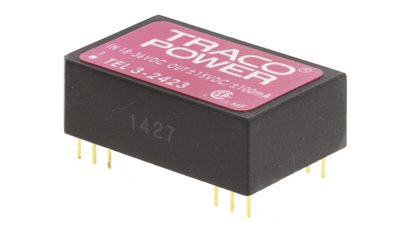 TRACOPOWER TEL 3 DC-DC Converter, ±15V dc/ ±100mA Output, 18 → 36 V dc Input, 3W, Through Hole, +85°C Max Temp