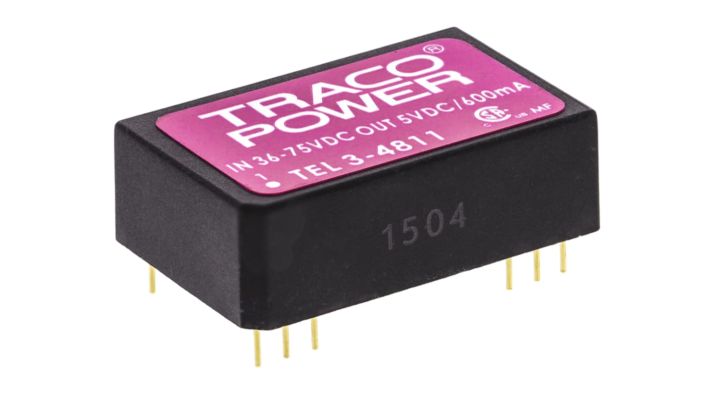 TRACOPOWER TEL 3 DC-DC Converter, 5V dc/ 600mA Output, 36 → 75 V dc Input, 3W, Through Hole, +85°C Max Temp