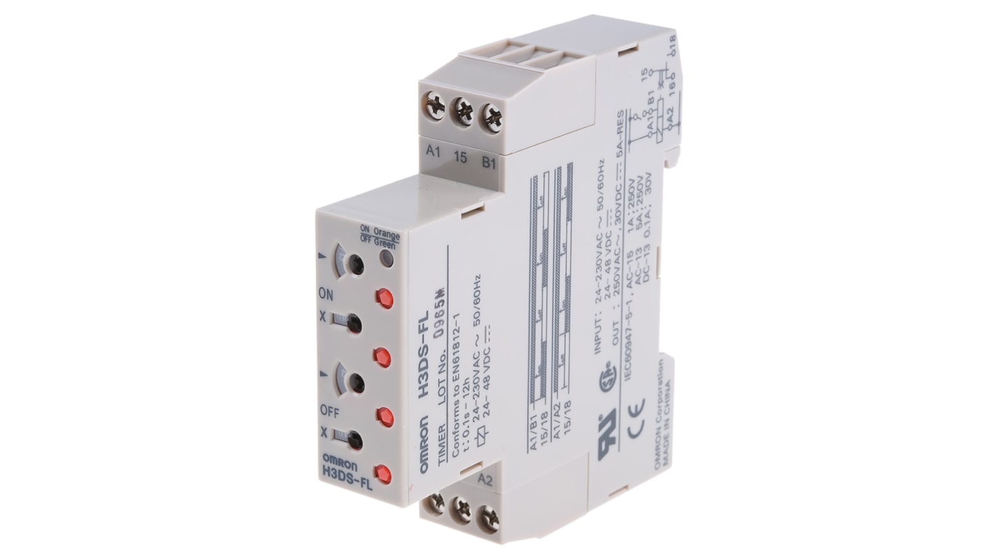 Relais temporisé Omron H3DS, 24 → 230 V ac, 24 → 48V c.c., Rail DIN, 1 contact