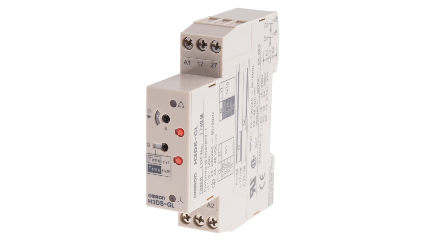 Omron H3DS Zeitrelais, DIN-Schienen, 0.1 → 120s, 24 → 230 V ac, 24 → 48V dc, 2 Kont. Einfach