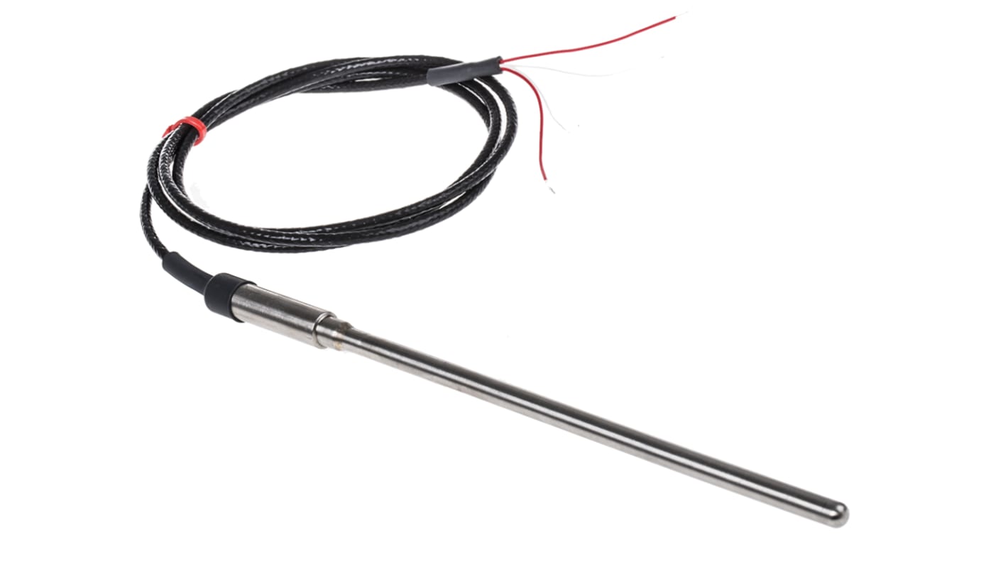 Sensor RTD PT100 RS PRO de 4 hilos, sonda: Ø 6mm, long. 150mm, cable de 1m, temp. -50°C → +200°C