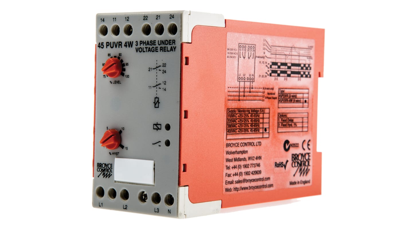 Broyce Control Phase, Voltage Monitoring Relay, 3 Phase, DPDT, Maximum of 400V ac, DIN Rail