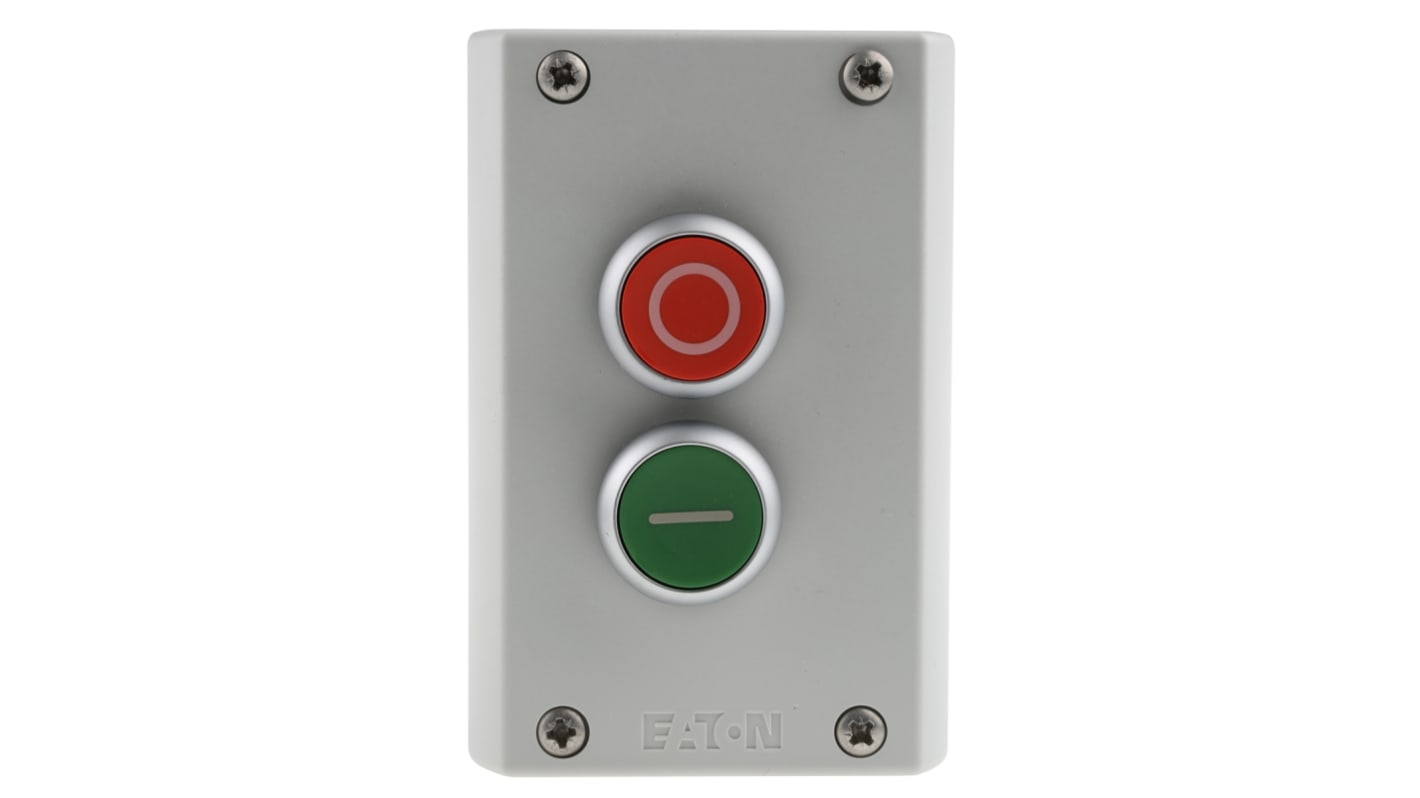 Eaton Momentary Enclosed Push Button - 2NO/2NC, Plastic, 2 Cutouts, Red/Green, O/I, IP67